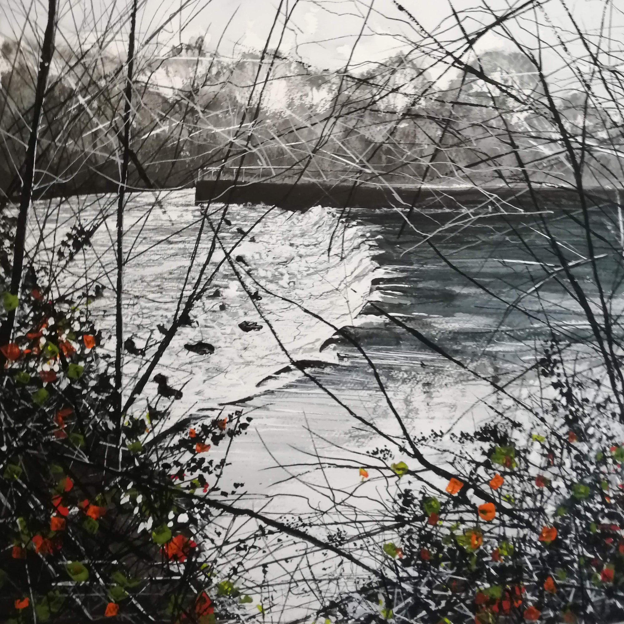  A tangle of brambles over the weir Original Landscape Art