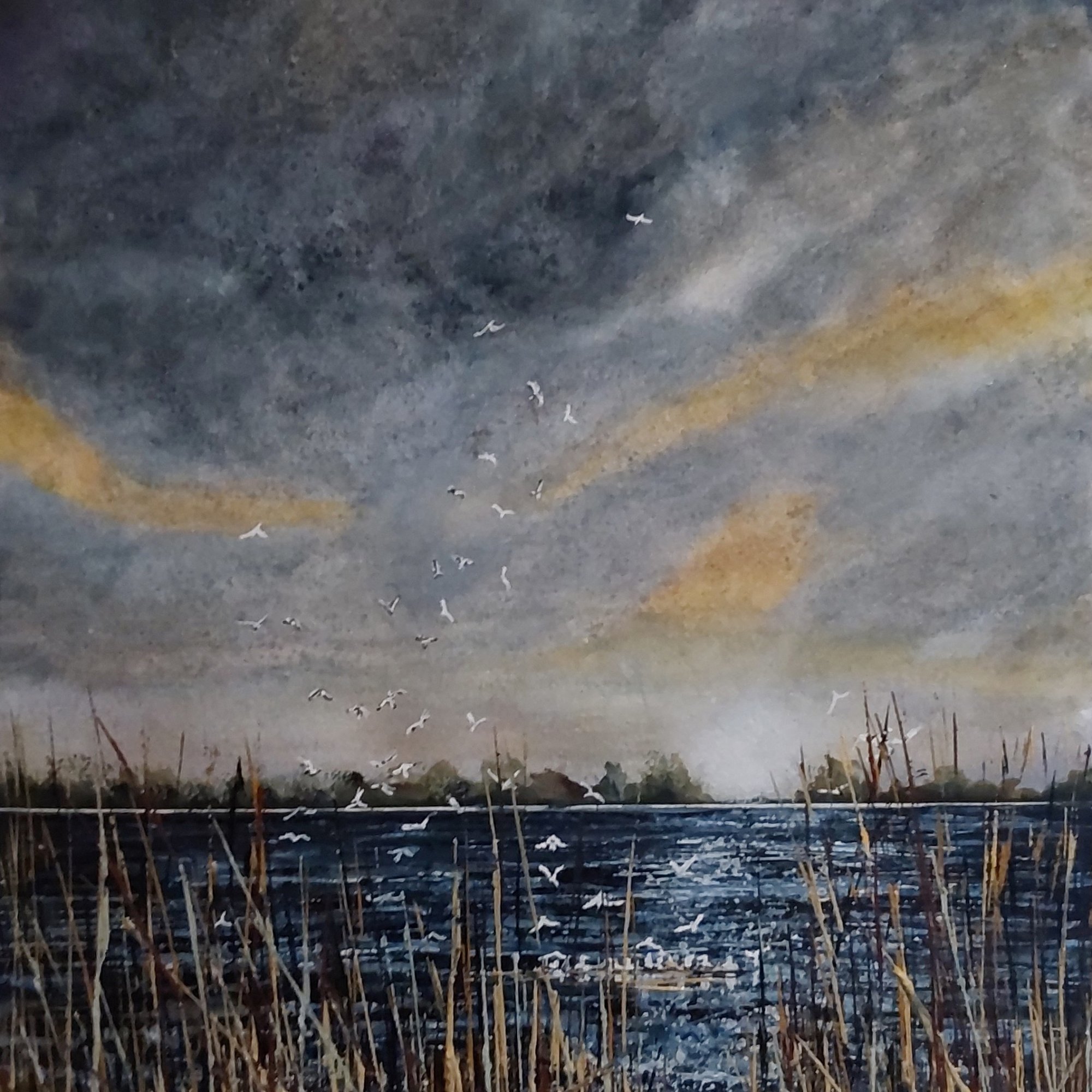 Birds and reeds in Winter Original Landscape Art